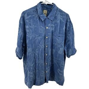 Jamaica Jaxx 100% Silk Button Down Shirt Palm Print Short Sleeve Pocket Blue XL